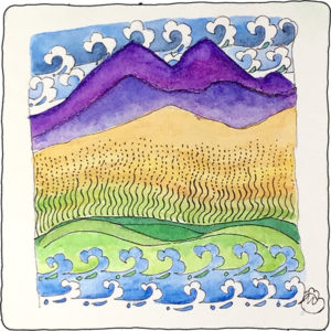 Diva Challenge #274 took me to a campfire sing-along. From, "My Country 'tis of Thee to This Land is Your Land", I sang as I tangled. Here is my mash-up tangle of purple mountains majesty and amber waves of grain contained between sea to shining sea. 